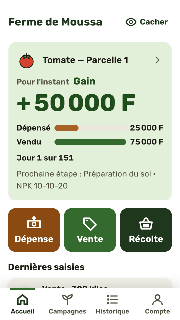 FarmLink Pilot home screen: the Tomato season shows a 50,000 F gain, with the Expense, Sale and Harvest buttons.