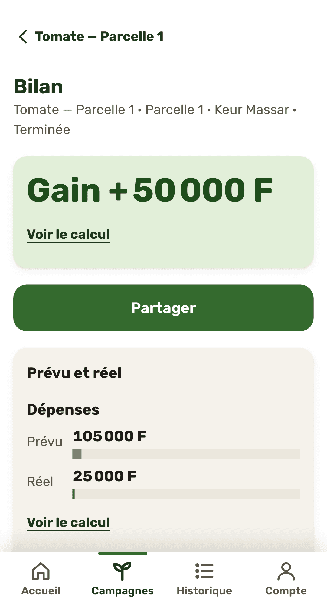 Tomato season report: 50,000 F gain and a Share button.