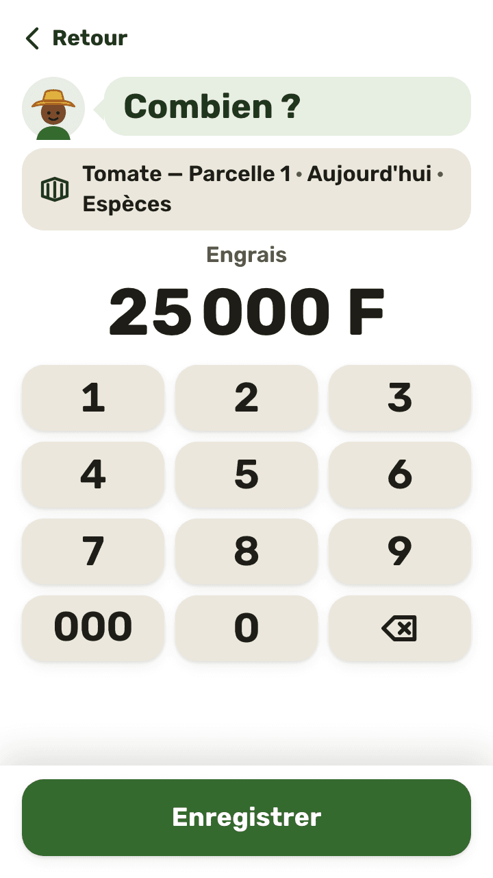 Recording a 25,000 F fertiliser expense on a number pad.